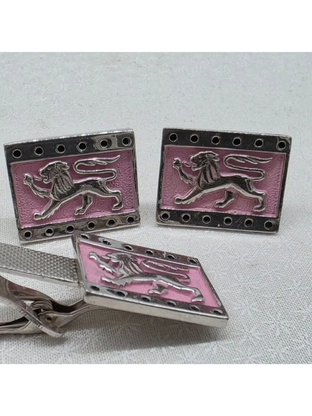 Silver & Pink Lion Cufflinks & Tie Clip Set Vintage